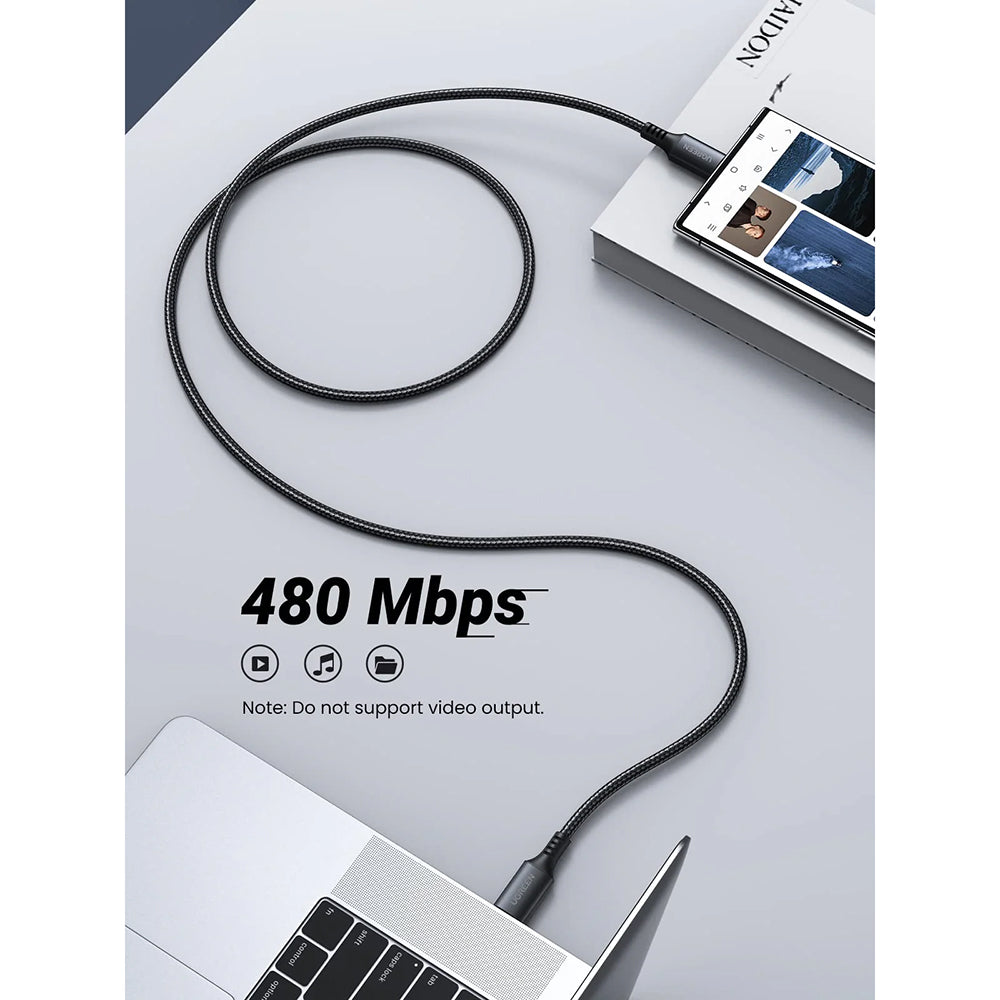 Cablu Ugreen US567 (15373), USB-C to USB-C, 3A, 60W, 1m, Nylon, Negru Gray