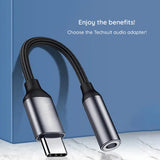 Adaptor Techsuit Premium Cable Adapter MusicDoX (AC8), Type-C to Jack, Hi-Fi Sound, DAC Chip, 3A, 0.1m, Gri