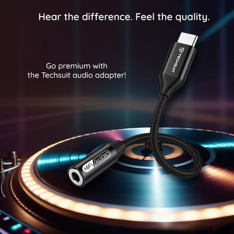 Adaptor Techsuit Premium Cable Adapter FuseXound (AC13), Type-C to 3.5mm Jack, Hi-Fi Quality, DAC Chip, 3A, 48kHz, 0.1m, Negru