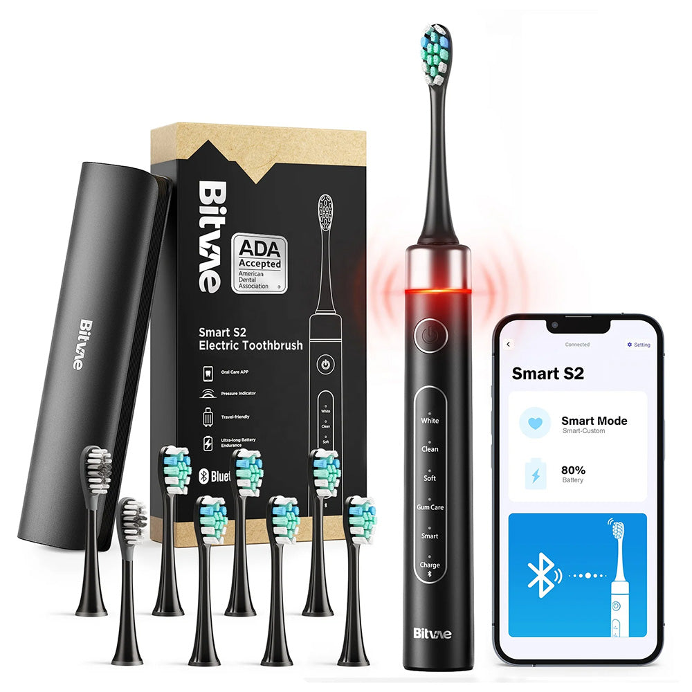 Bitvae Electric Toothbrush (S2 Smart), Ultrasonic, Soft, 8 Heads, Case, Red Light Pressure Sensor, 5Modes, 1400mAh, Negru