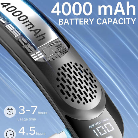 Techsuit Neck Fan (S8), Portable, with Digital Display, 3 Wind Speeds, 4000mAh, 7300RPM, Negru