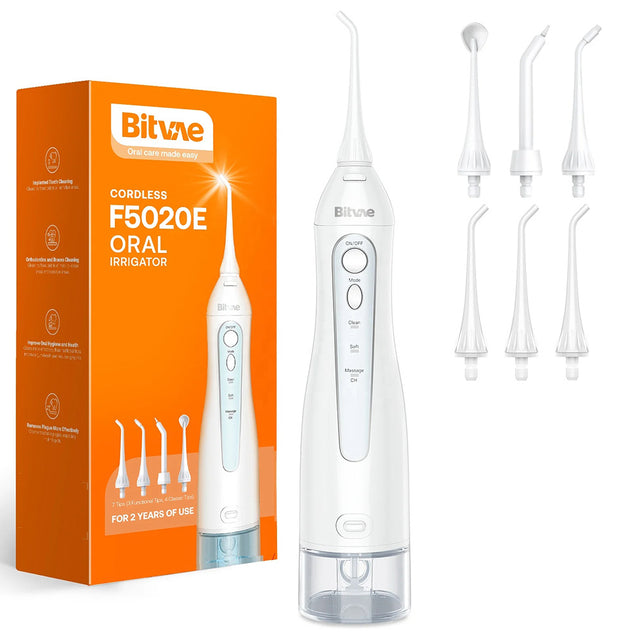Bitvae Water Flosser (BV5020E), with 4x Standard, 1x Periodontal, 1x Orthodontic, 1x Tongue Nozzel, 300ml, 3 Modes, Alb