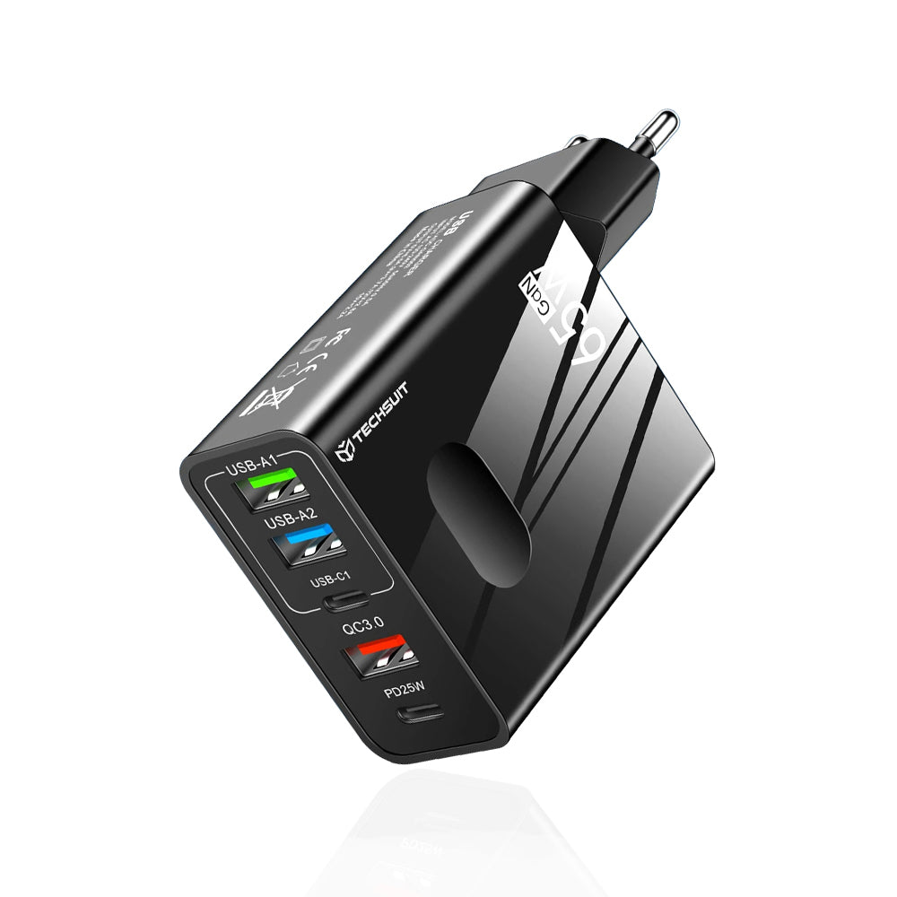 Incarcator Techsuit Premium PentaXPower (CHC1), 3x USB, 2x Type-C PD 25W, 65W, GaN, Fast Charge, Negru