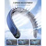 Techsuit Neck Fan (S8), Portable, with Digital Display, 3 Wind Speeds, 4000mAh, 7300RPM, Albastru