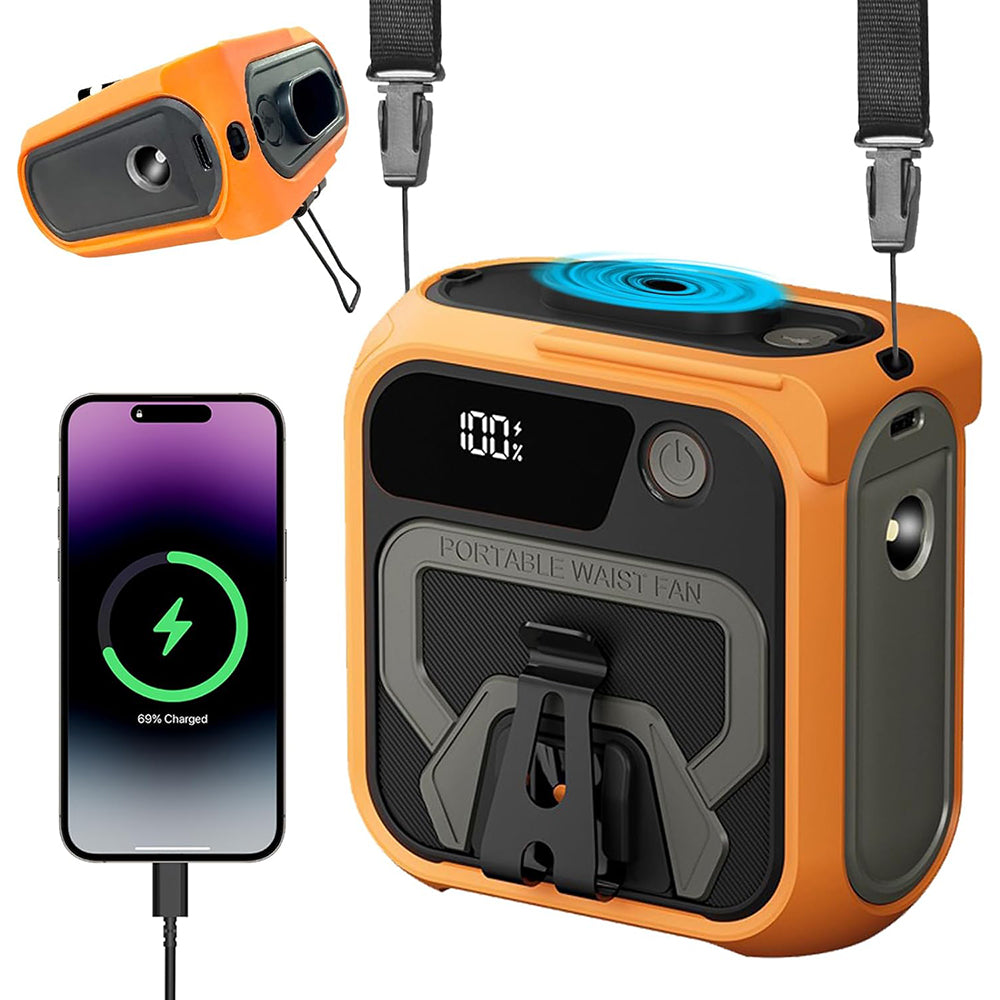 Techsuit Premium Portable Mini Fan (Z13), with Power Bank, Rechargeable, 5 Wind Speeds, Belt Buckle, 10000mAh, Portocaliu