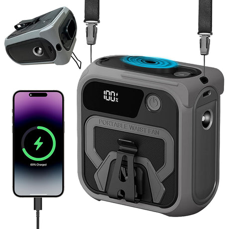 Techsuit Premium Portable Mini Fan (Z13), with Power Bank, Rechargeable, 5 Wind Speeds, Belt Buckle, 10000mAh, Gri