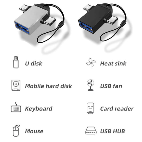 Adaptor Techsuit OTG Adapter AluCoreX (A15), 3in1, USB to Micro-USB + Type-C, Plug and Play, Aluminum Alloy, Negru