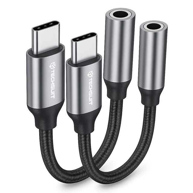 Adaptor Techsuit (set de 2) Premium Cable Adapter FuseXound (AC12), Type-C to 3.5mm Jack, 3A, DAC Chip, Plug and Play, Braid, Gri