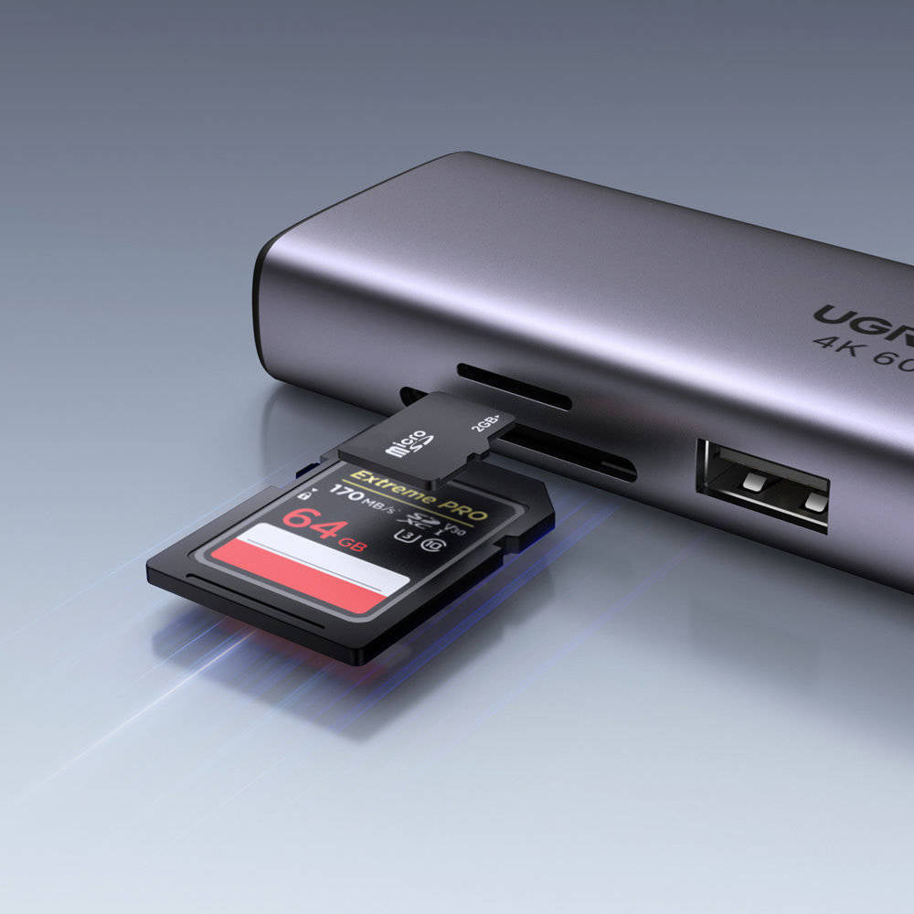 Hub/Dock Ugreen Docking Station CM512 (60515), Type-C to 2x USB, HDMI 4K, Type-C 100W, Ethernet 1Gbps, Card Reader SD, 0.2m, Gri