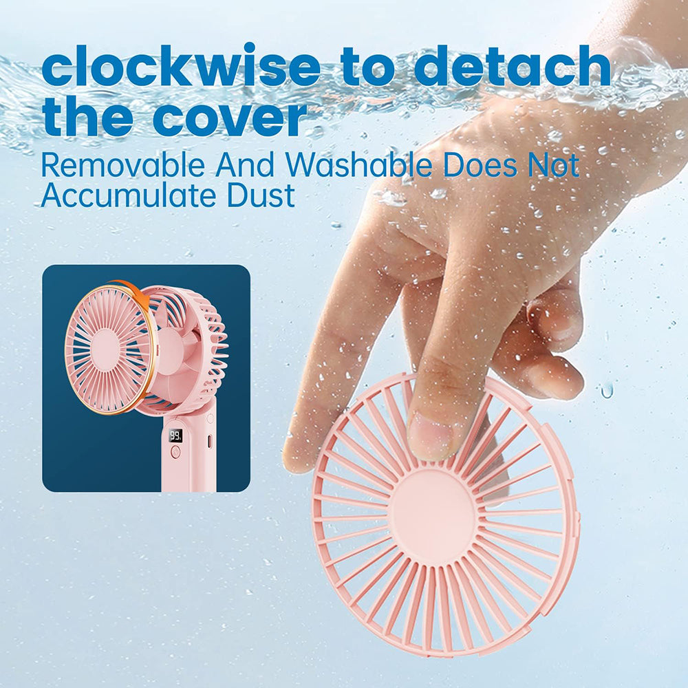 Techsuit Premium Mini Hand Fan (M12), with LED Digital Display, USB-C Rechargeable, 6 Wind Speeds, 5000mAh, Roz