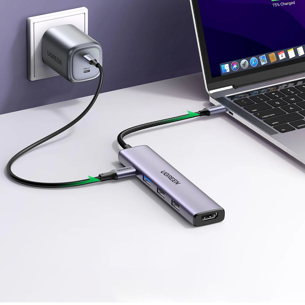 Hub/Dock Ugreen Docking Station CM478 (15495), Type-C to USB3.0, 2x USB2.0, HDMI 4K@30Hz, Type-C PD100W, 5Gbps, Ultra-Thin, Gri