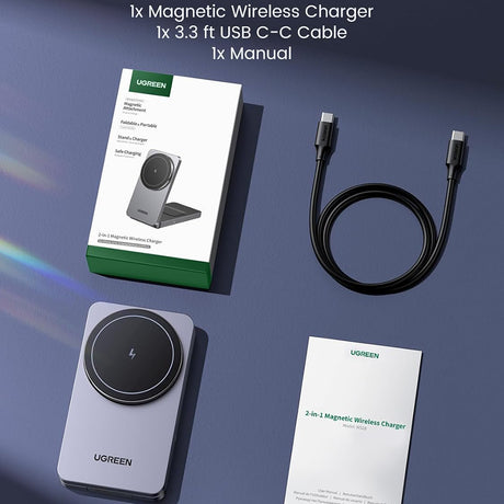 Incarcator Ugreen Wireless W528 (45055), 2in1, for iPhone, AirPods, MagSafe, USB-C, Foldable, 20W, 3A, Qi2- White