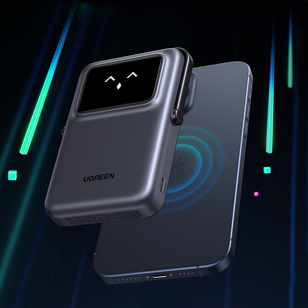 Baterie externa Ugreen Wireless Uno PB572 (45327), MagSafe, Fast Charge, TFT Display, Stand, 10000mAh, USB-C, 20W, 5V/3A, Gri