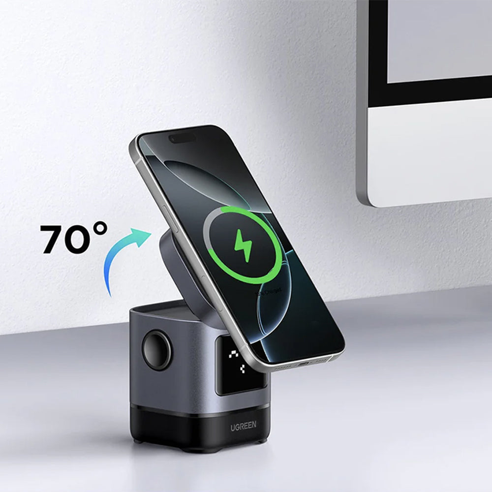 Incarcator Ugreen Wireless W709 (45775), 2in1, with Smart Display, Funny Emoji, for iPhone, AirPods, USB-C, 25W, Negru
