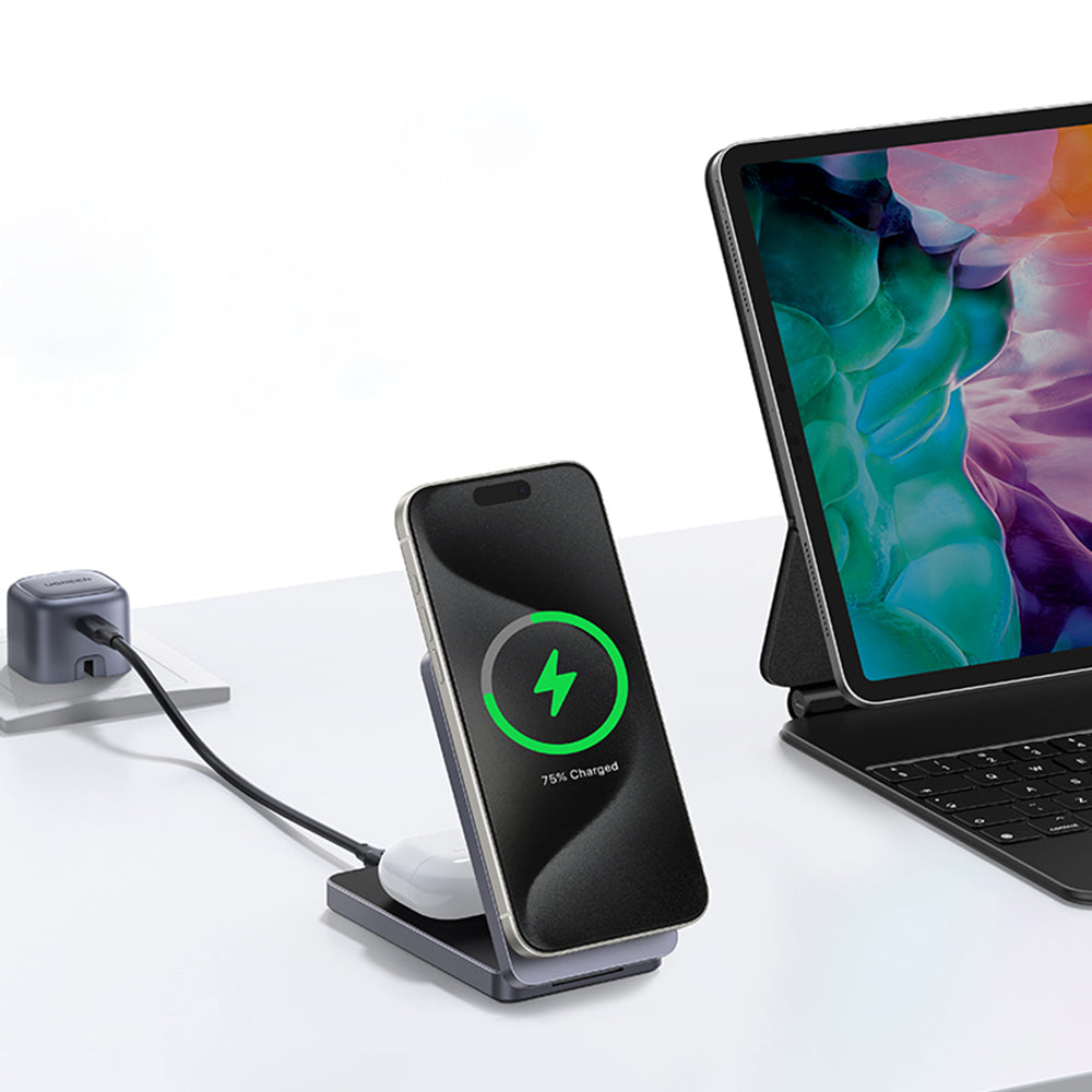 Incarcator Ugreen Wireless W706 (45023), MagSafe, 2in1, for iPhone, AirPods, USB-C Cable, 20W, 3A, Qi2, MPP, 1m, Gri