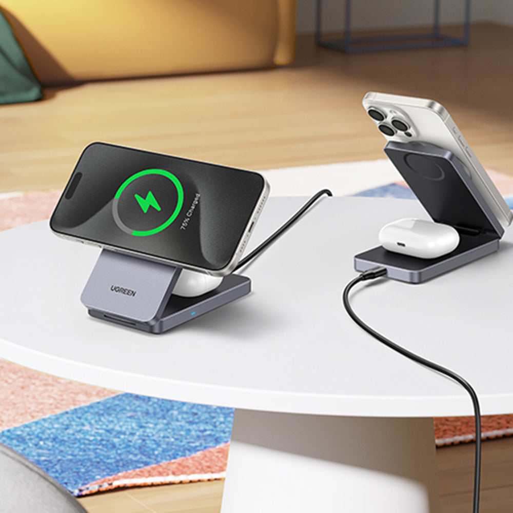 Incarcator Ugreen Wireless W706 (45023), MagSafe, 2in1, for iPhone, AirPods, USB-C Cable, 20W, 3A, Qi2, MPP, 1m, Gri