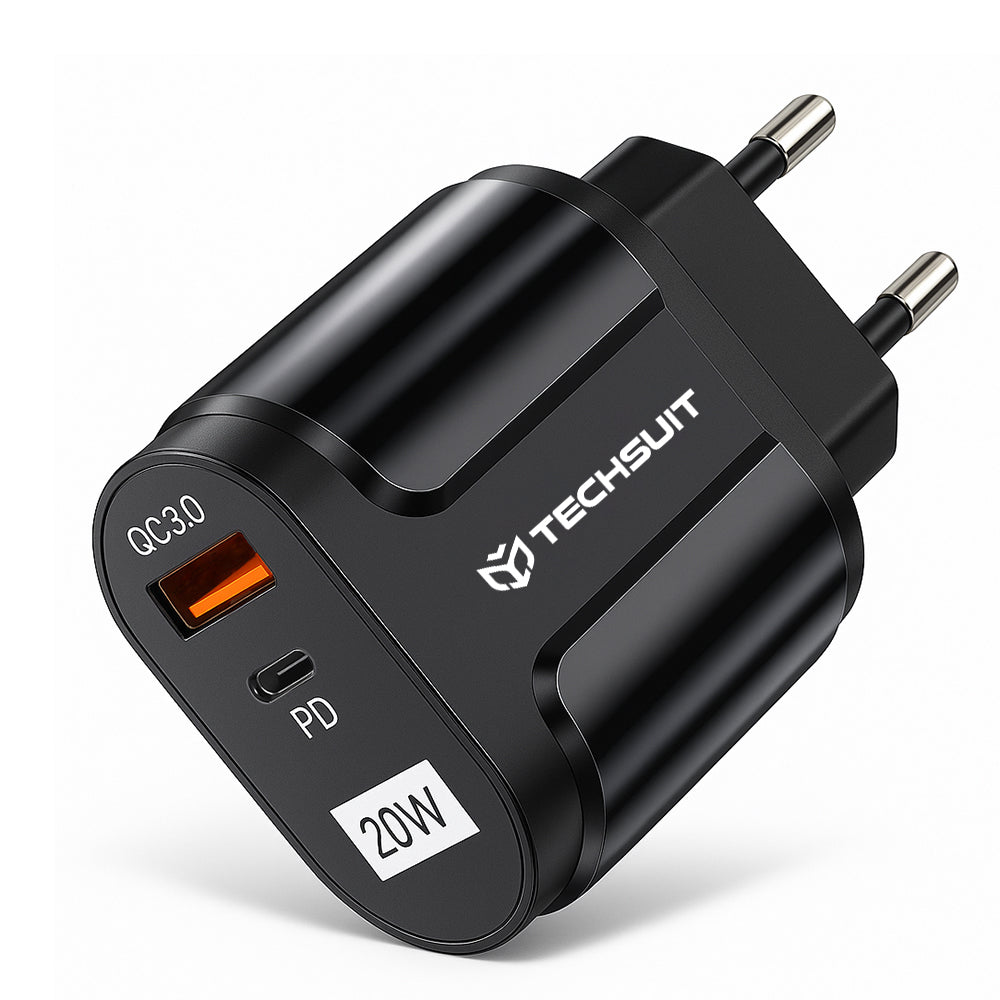Incarcator Techsuit Premium (CHPD038), USB-A, QC 3.0, USB-C, 20W, Negru