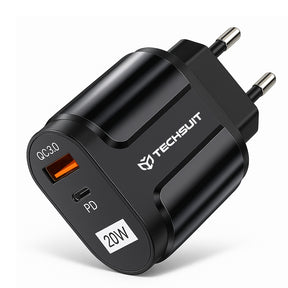 Incarcator Techsuit Premium (CHPD038), USB-A, QC 3.0, USB-C, 20W, Negru
