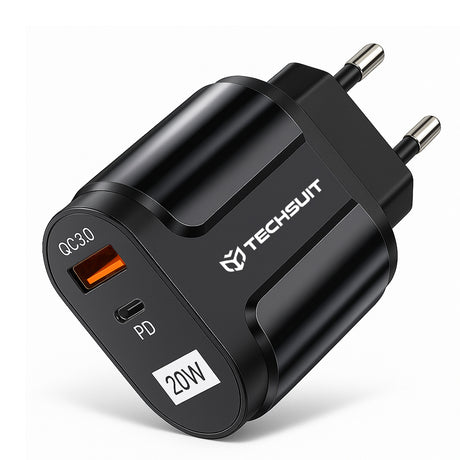 Incarcator Techsuit Premium (CHPD038), USB-A, QC 3.0, USB-C, 20W, Negru