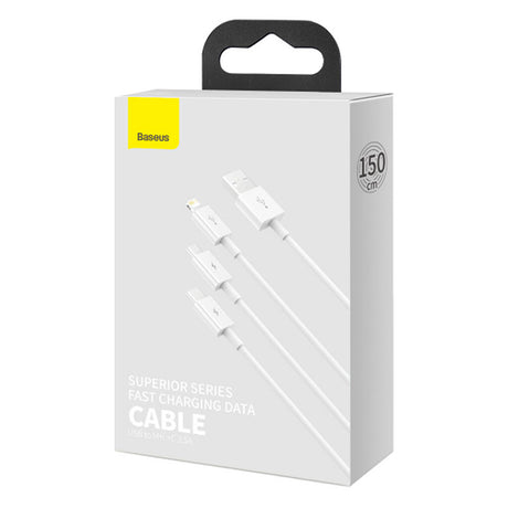 Cablu Baseus (P10320105221-01), USB to Type-C, Lightning, Micro-USB, 3.5A, 0.5m, Alb