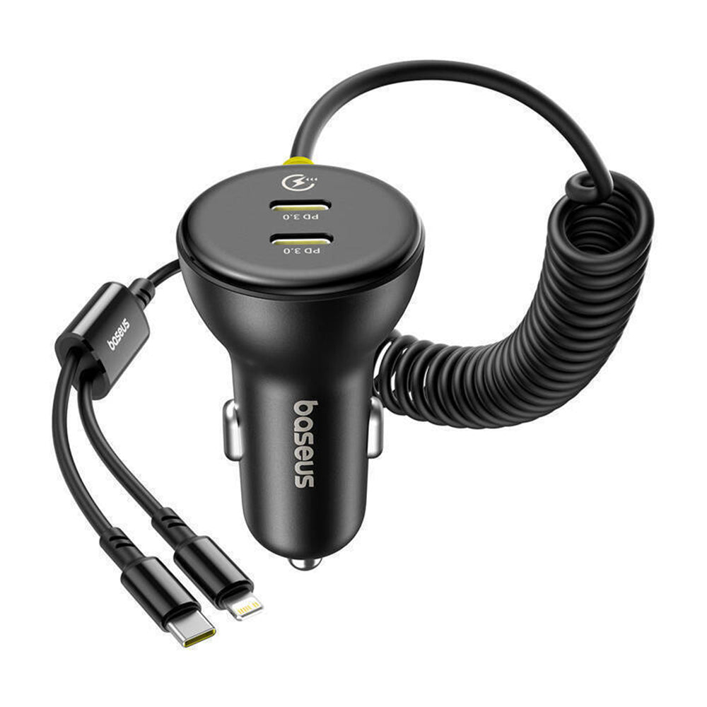 Incarcator Baseus Car (C00035902121-00), 2x USB-C, Fast Charge with USB-C, Lightning Spring Cable, 60W, 3A, 1.4m, Negru