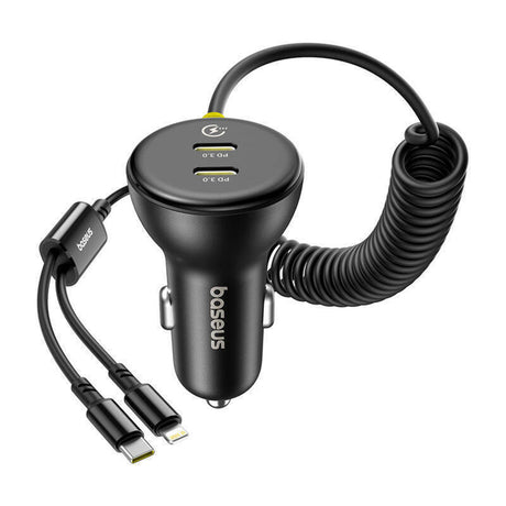 Incarcator Baseus Car (C00035902121-00), 2x USB-C, Fast Charge with USB-C, Lightning Spring Cable, 60W, 3A, 1.4m, Negru
