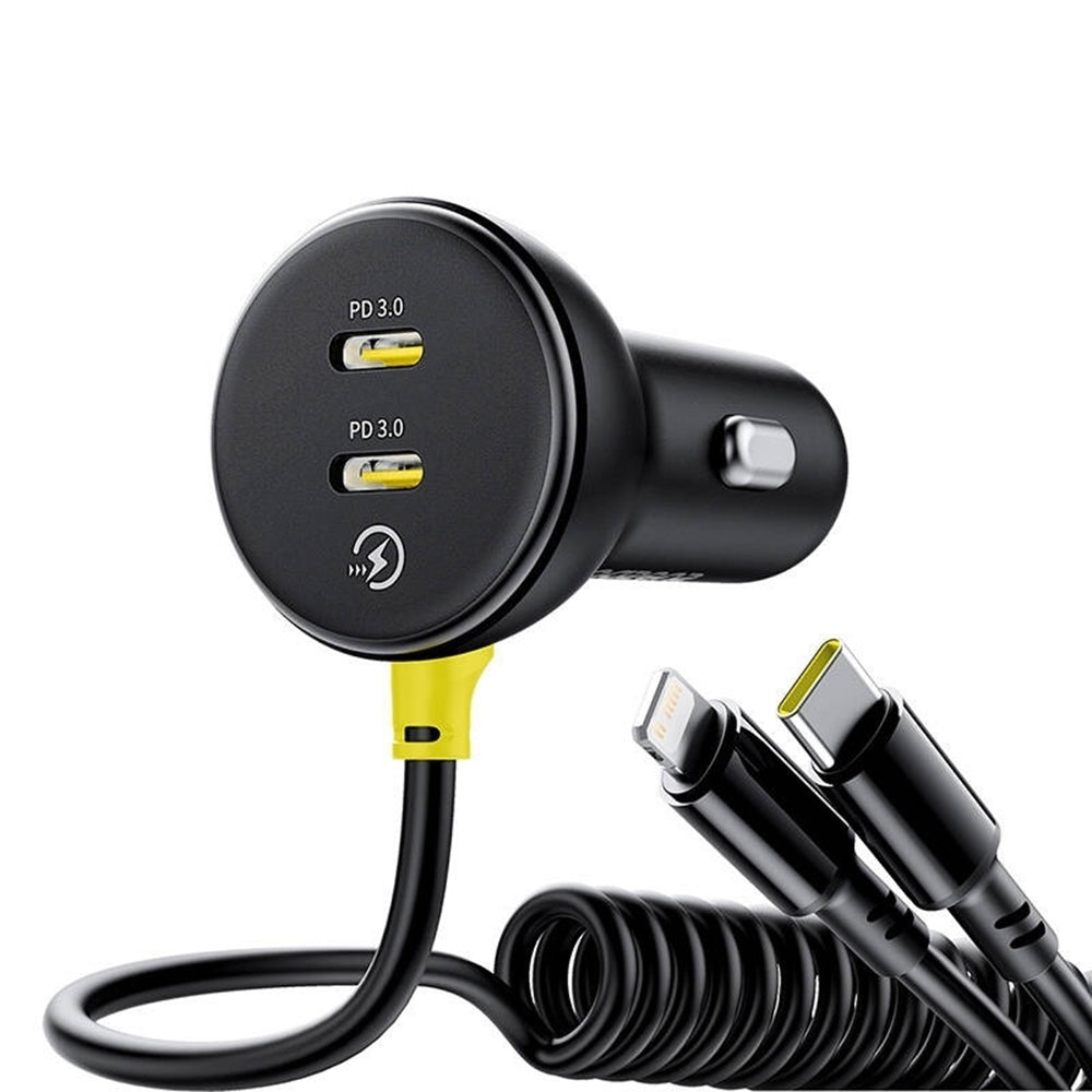 Incarcator Baseus Car (C00035902121-00), 2x USB-C, Fast Charge with USB-C, Lightning Spring Cable, 60W, 3A, 1.4m, Negru