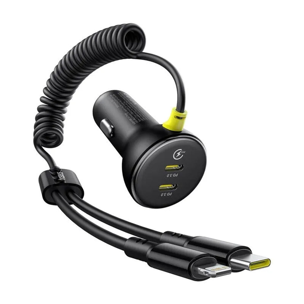 Incarcator Baseus Car (C00035902121-00), 2x USB-C, Fast Charge with USB-C, Lightning Spring Cable, 60W, 3A, 1.4m, Negru