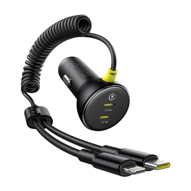 Incarcator Baseus Car (C00035902121-00), 2x USB-C, Fast Charge with USB-C, Lightning Spring Cable, 60W, 3A, 1.4m, Negru