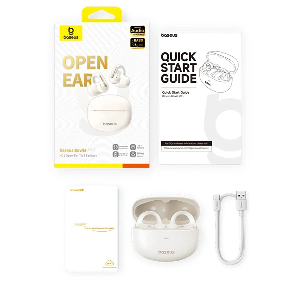 Casti Baseus Bowie MC1 (A00083501226-00), Open Ear Clip-on Design, BT V5.4, IP57 Waterproof, 600mAh, Alb