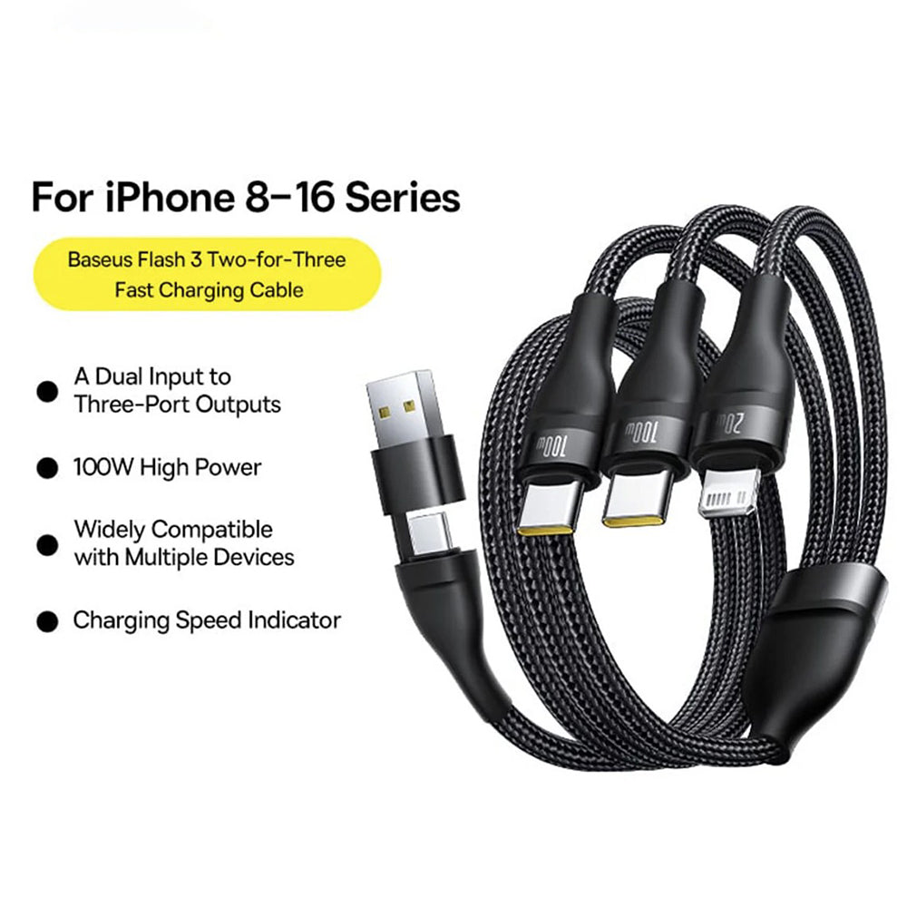 Cablu Baseus Flash Series 3 (P10377501111-00), Fast Charge, USB, USB-C to Lightning, 2x USB-C, 100W, 1.5m, Negru