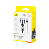 Cablu Baseus StarSpeed (P10319900211-00), Fast Charging, USB to Micro-USB, Type-C, Lightning, 100W, 1.5m, Alb
