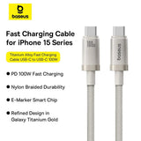 Cablu Baseus Titanium (P10378100G21-00), Type-C, Fast Charge, PD100W, 480Mbps, E-Mark Chip, 1m, Galaxy Titanium Gold