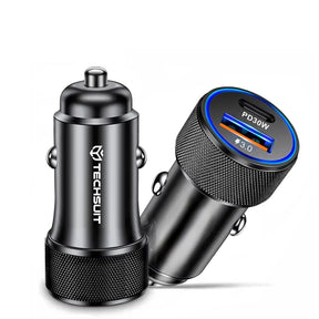 Incarcator Techsuit Premium Car VoltDuo (C2), with LED Light, USB QC 3.0, Type-C PD30W, 5V/3A, ABS, Metal, Negru