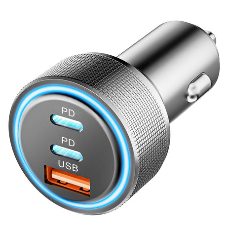 Incarcator Techsuit Premium Car DriveBoost (C6), Fast Charge, LED Light, USB, 2x Type-C 60W, 5V/3A, Aluminium Alloy, Argintiu