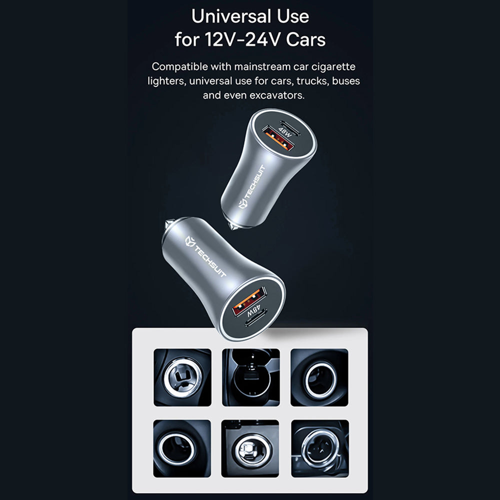 Incarcator Techsuit Premium Car RescueVolt (C3), with Metal Window Breaker, Fast Charge, USB QC18W, USB-C PD30W, 5V/3A, Gri