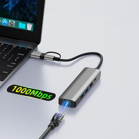 Hub/Dock Techsuit Docking Station BoostNetLink 5in2 (H3), USB, Type-C to 3x USB, 1x USB-C, Ethernet RJ45, 1000Mbps, Gri