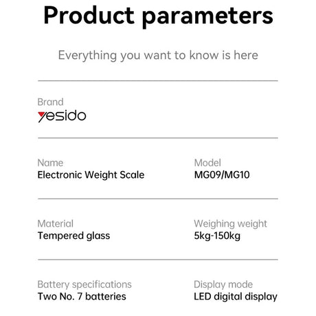 Gadget Yesido Digital Scale Body Weight (MG10), LED Display, Tempered Glass, 5-150kg, Negru