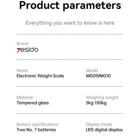 Gadget Yesido Digital Scale Body Weight (MG09), LED Display, Tempered Glass, 5-150kg, Negru