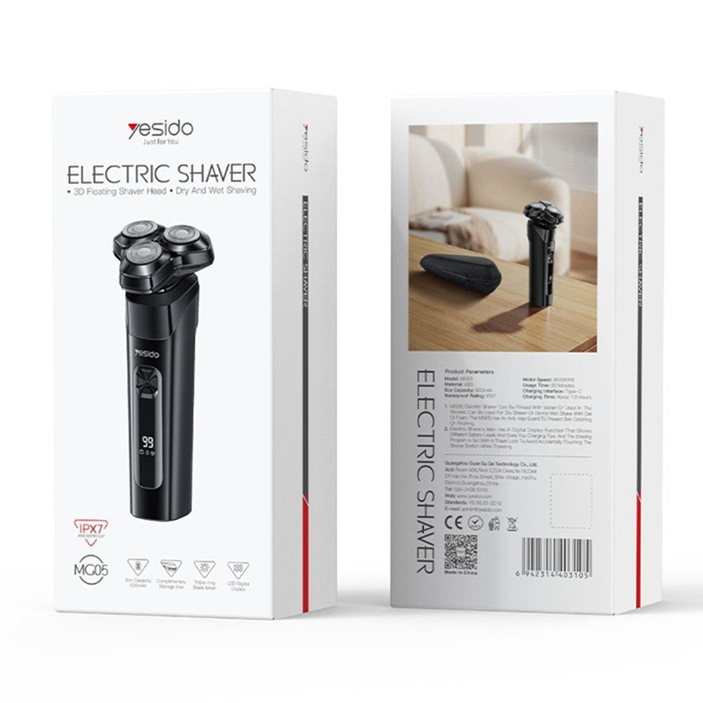 Yesido Electric Shaver Razor (MG05), with 3 Floating Cutter Heads, LED Power Display, USB, 9500RPM, 600mAh, Negru
