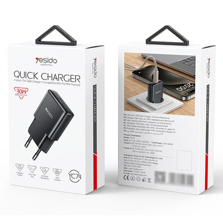 Incarcator Yesido (YC74), GaN, Fast Charge, Ultra-Slim, Smart Chip, Type-C, PD30W, 5V/3A, Negru