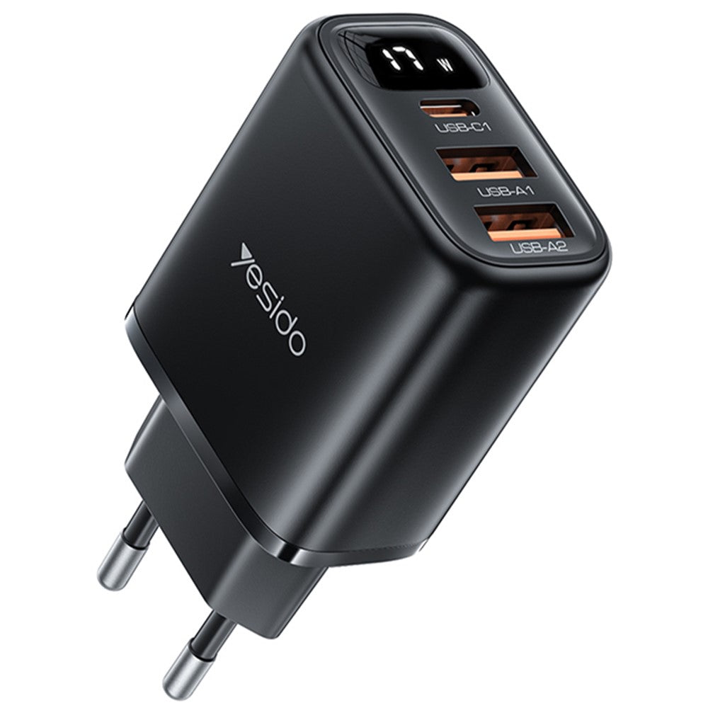 Incarcator Yesido (YC67), with Digital Display, Quick Charge, for Phone, Tablet, 3in1, 2x USB, Type-C, 17W, Negru