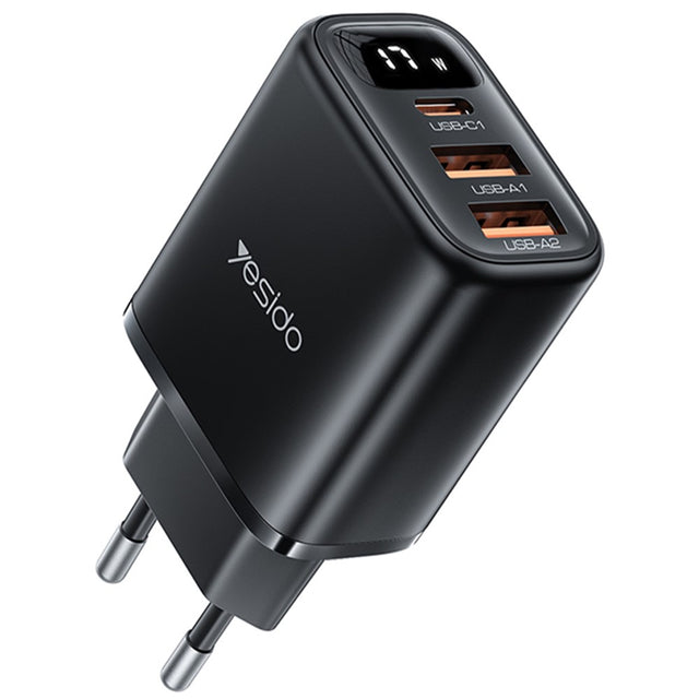 Incarcator Yesido (YC67), with Digital Display, Quick Charge, for Phone, Tablet, 3in1, 2x USB, Type-C, 17W, Negru