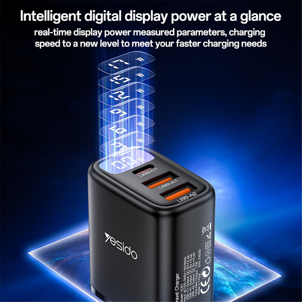 Incarcator Yesido (YC67), with Digital Display, Quick Charge, for Phone, Tablet, 3in1, 2x USB, Type-C, 17W, Negru