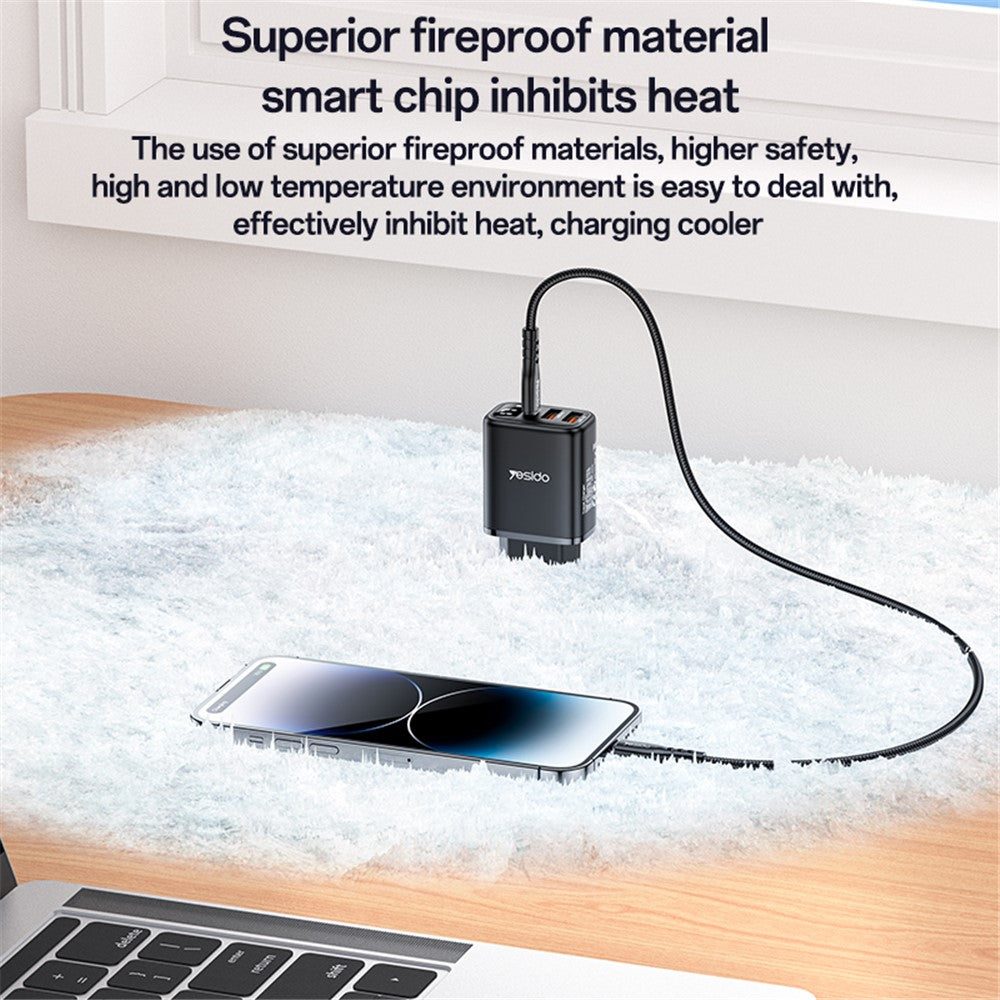 Incarcator Yesido (YC67), with Digital Display, Quick Charge, for Phone, Tablet, 3in1, 2x USB, Type-C, 17W, Negru