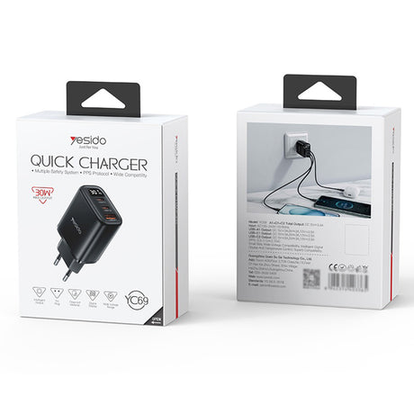 Incarcator Yesido (YC69), with Digital Display, Fast Charge, for Phone, Tablet, Laptop, USB, 2x Type-C, 30W, Negru