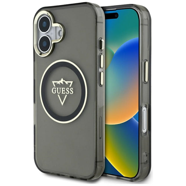 Husa de protectie Guess IML Metal Mountain Logo MagSafe (GUHMP16SHFGTMSLSK) compatibil cu iPhone 16, Negru