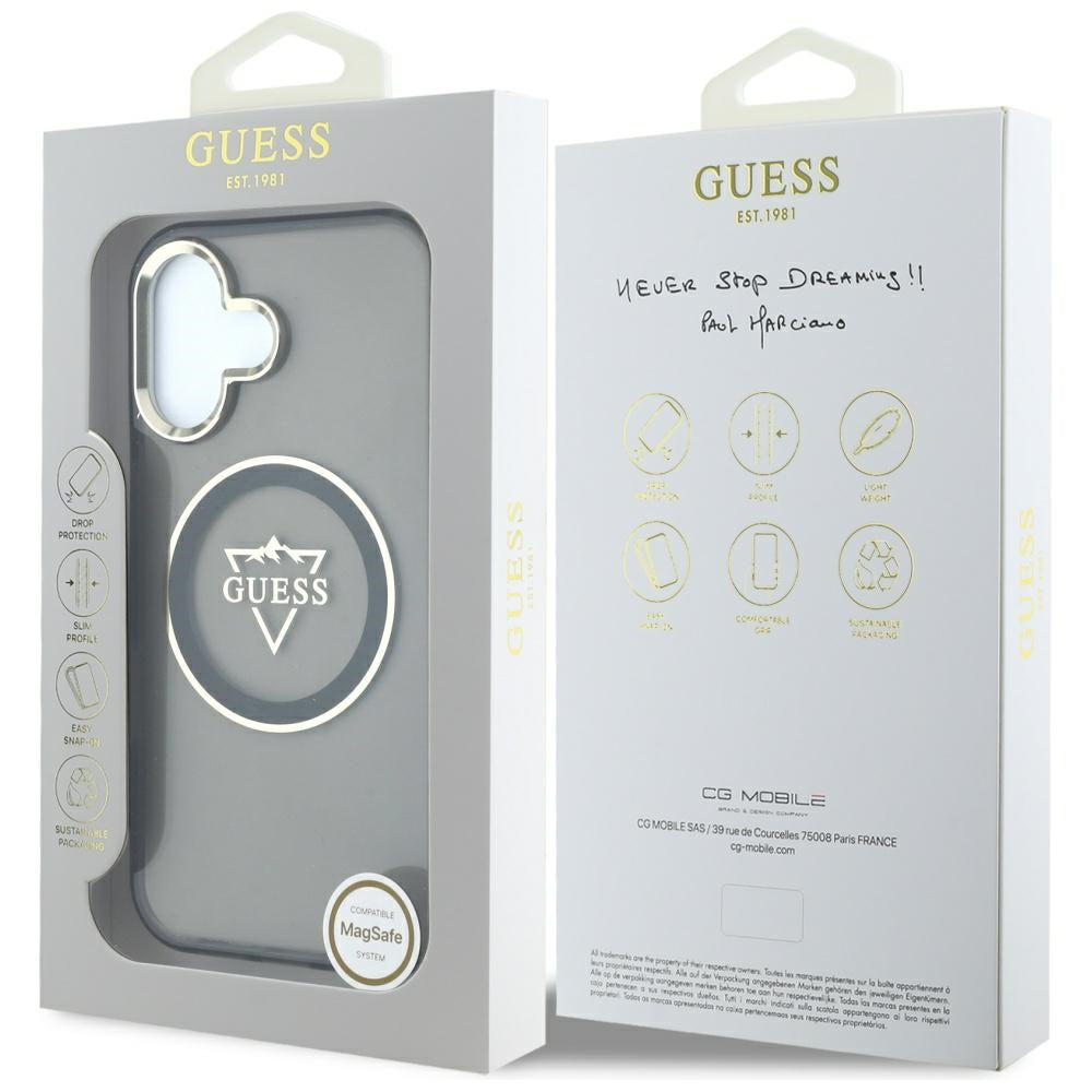 Husa de protectie Guess IML Metal Mountain Logo MagSafe (GUHMP16SHFGTMSLSK) compatibil cu iPhone 16, Negru