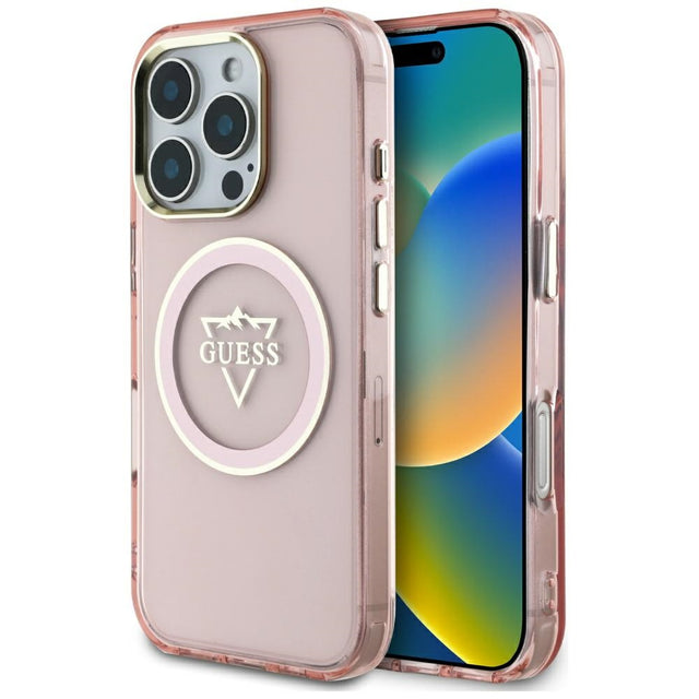 Husa de protectie Guess IML Metal Mountain Logo MagSafe (GUHMP16XHFGTMSLSP) compatibil cu iPhone 16 Pro Max, Roz
