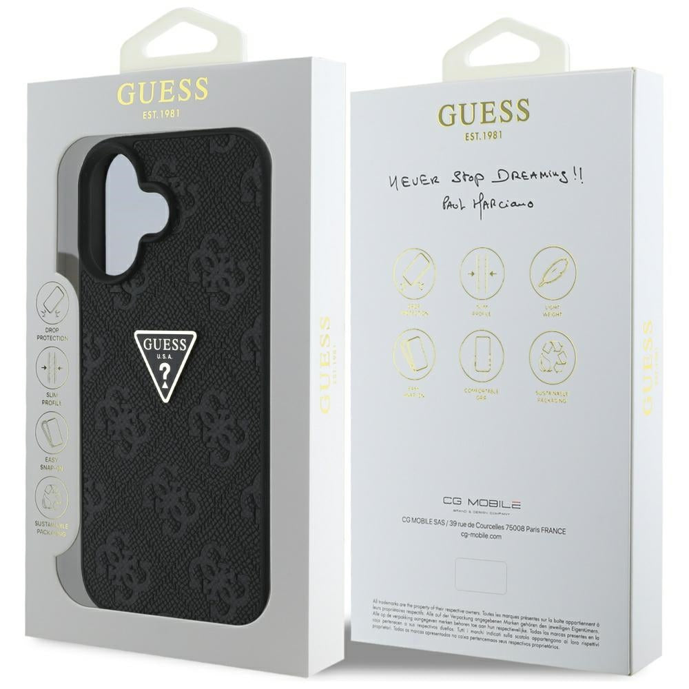 Husa de protectie Guess Leather Hot Stamp 4G Pattern Triangle Metal Logo (GUHCP16SPGP4STRK) compatibil cu iPhone 16, Negru